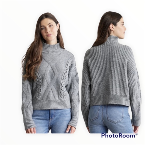 Elizabeth and James Sweaters - ELIZABETH AND JAMES Gray Chunky Mock Neck Cable Knit Pullover Sweater Medium